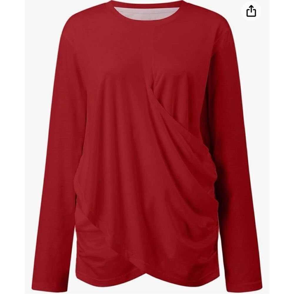 Boutique Red Long Sleeve Cross Front Pleated Hem Smocked Waist Shirt Large